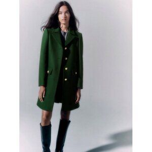NWT Zara bottle green Manteco wool blend coat with gold statement buttons, XS